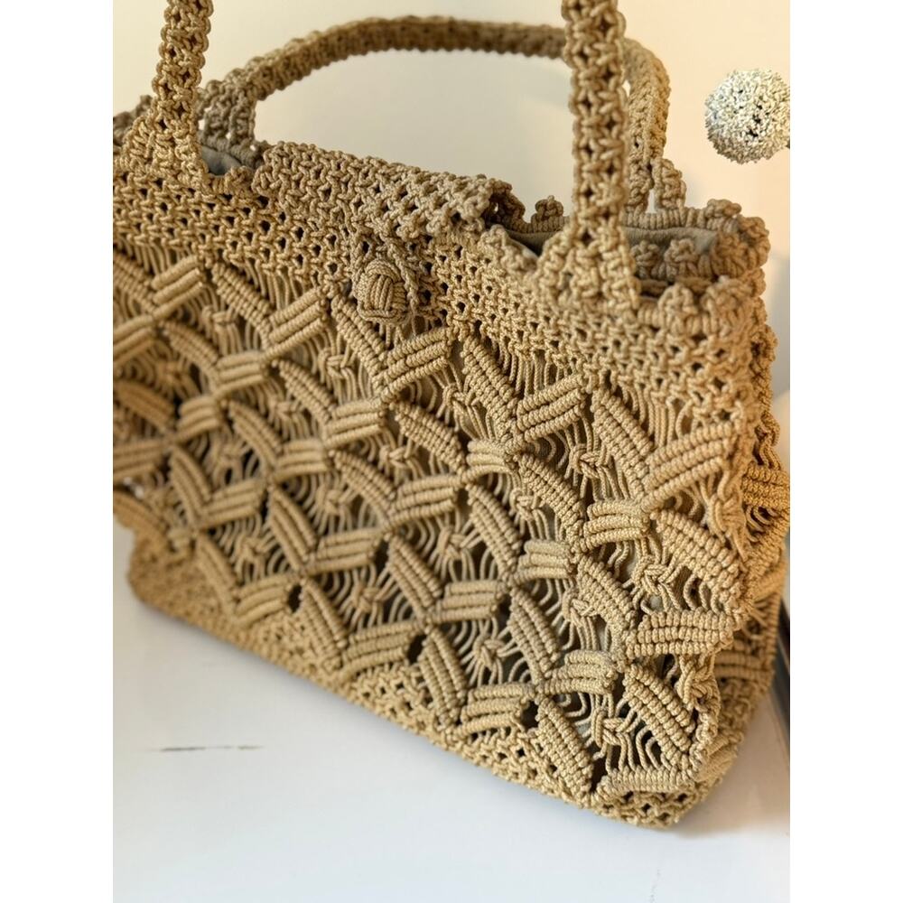 Vintage‎ Handwoven Macramé Top Handle Bag Boho Coastal Texture ✨ - Picture 3 of 5